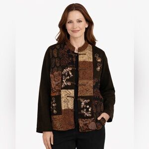 Vintage Patchwork Jacket Brown Black Boho Embroidered Style Size S